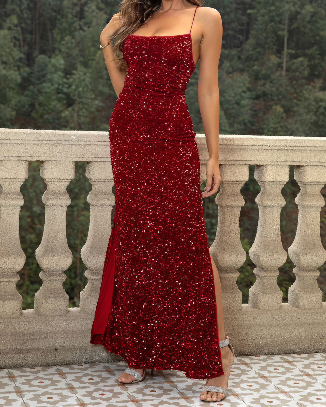 Sequin Backless Split Maxi Dress