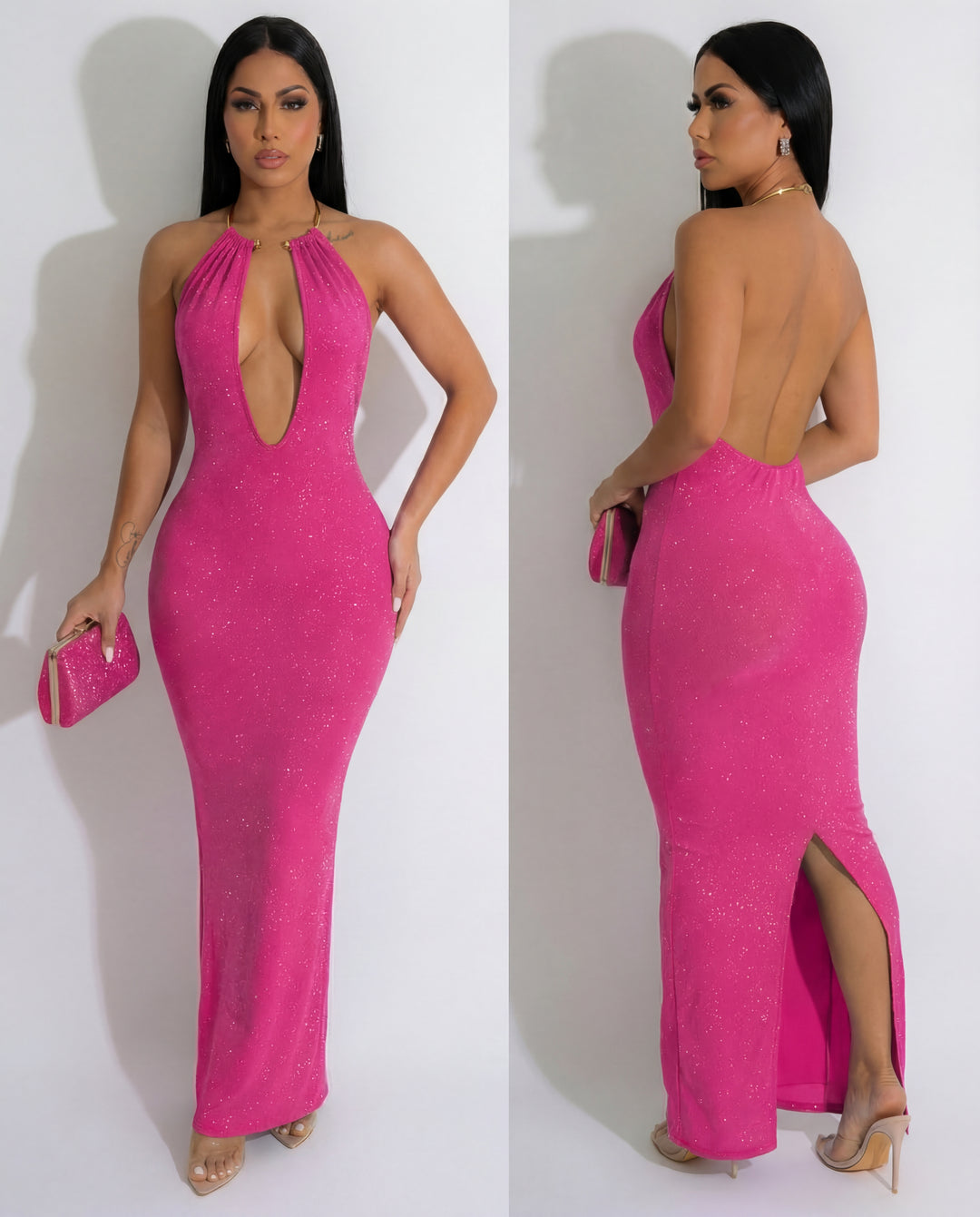 Glitter Halter Necklace Trim Long Dress