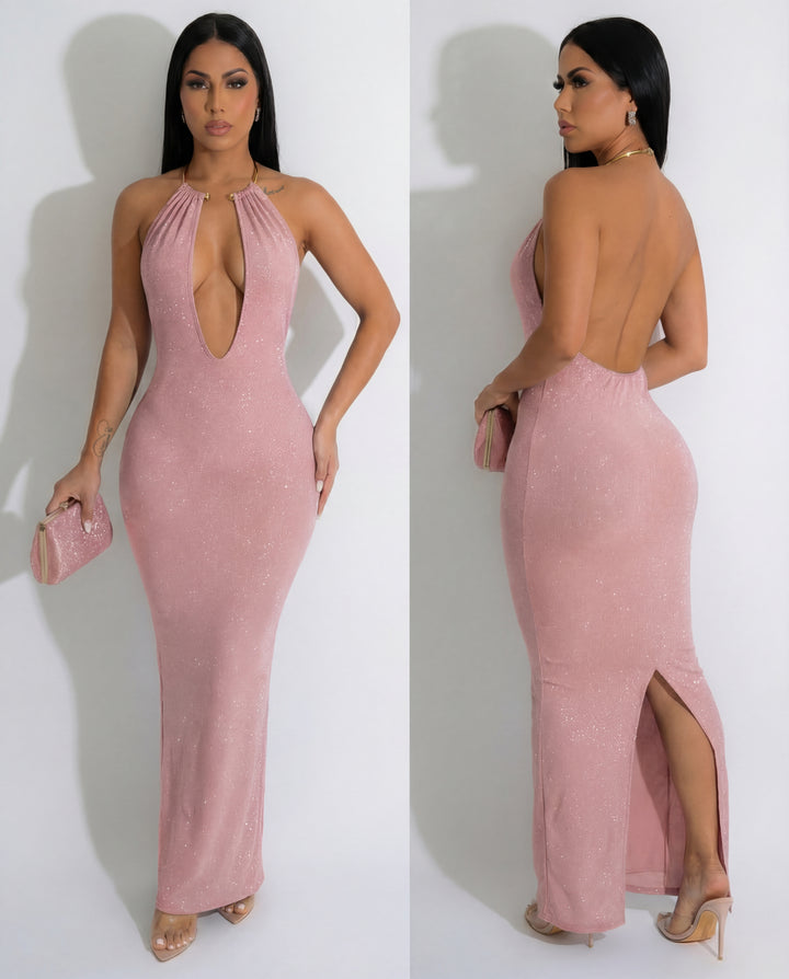 Glitter Halter Necklace Trim Long Dress