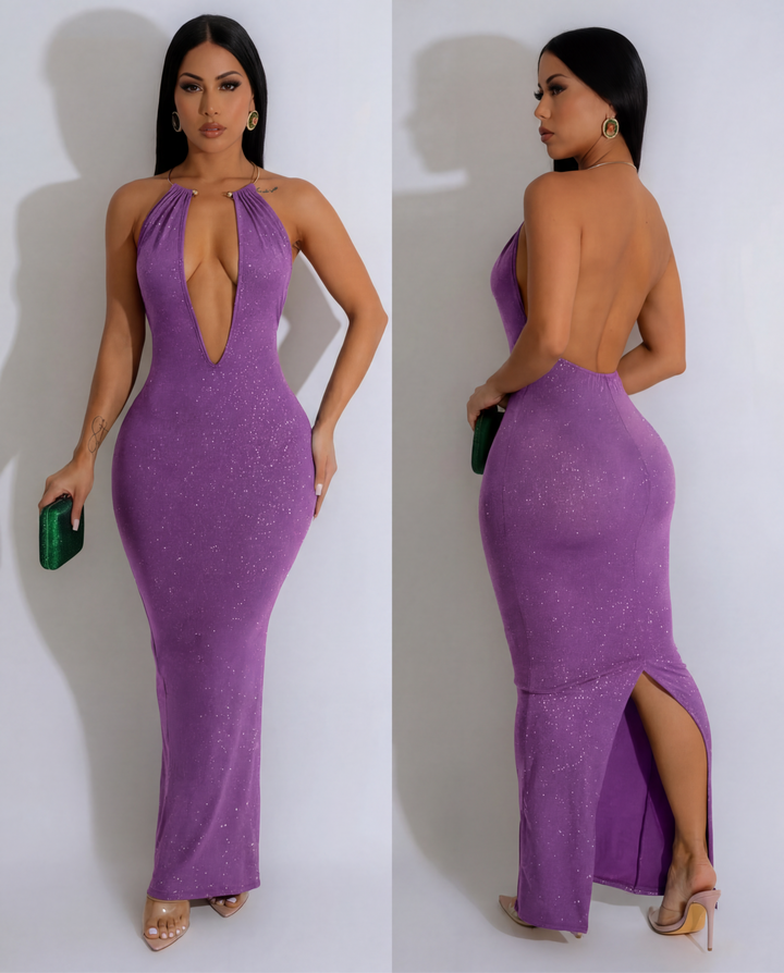 Glitter Halter Necklace Trim Long Dress