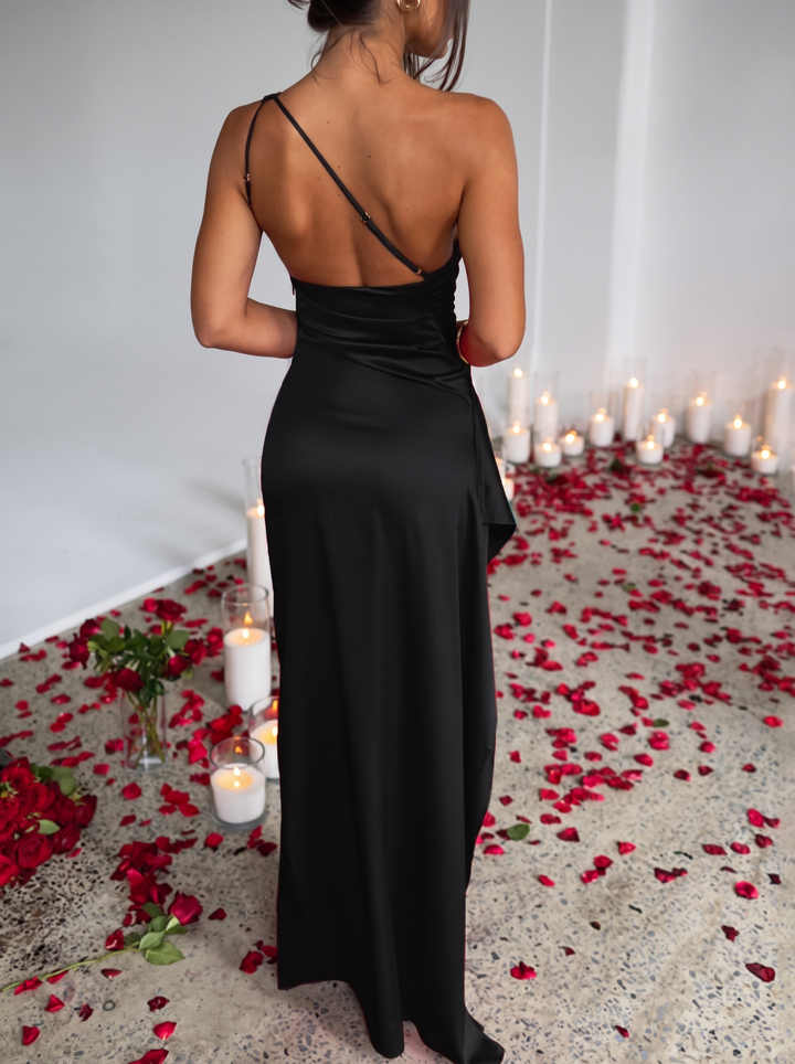 One Shoulder Satin Dress with High Slit