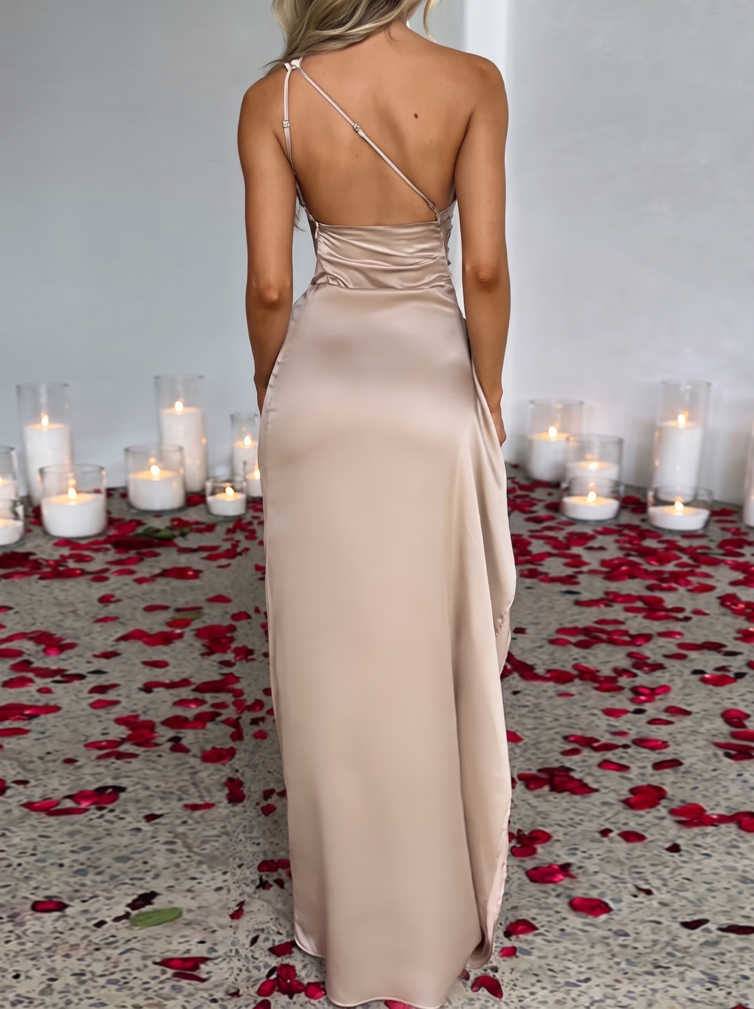 One Shoulder Satin Dress with High Slit