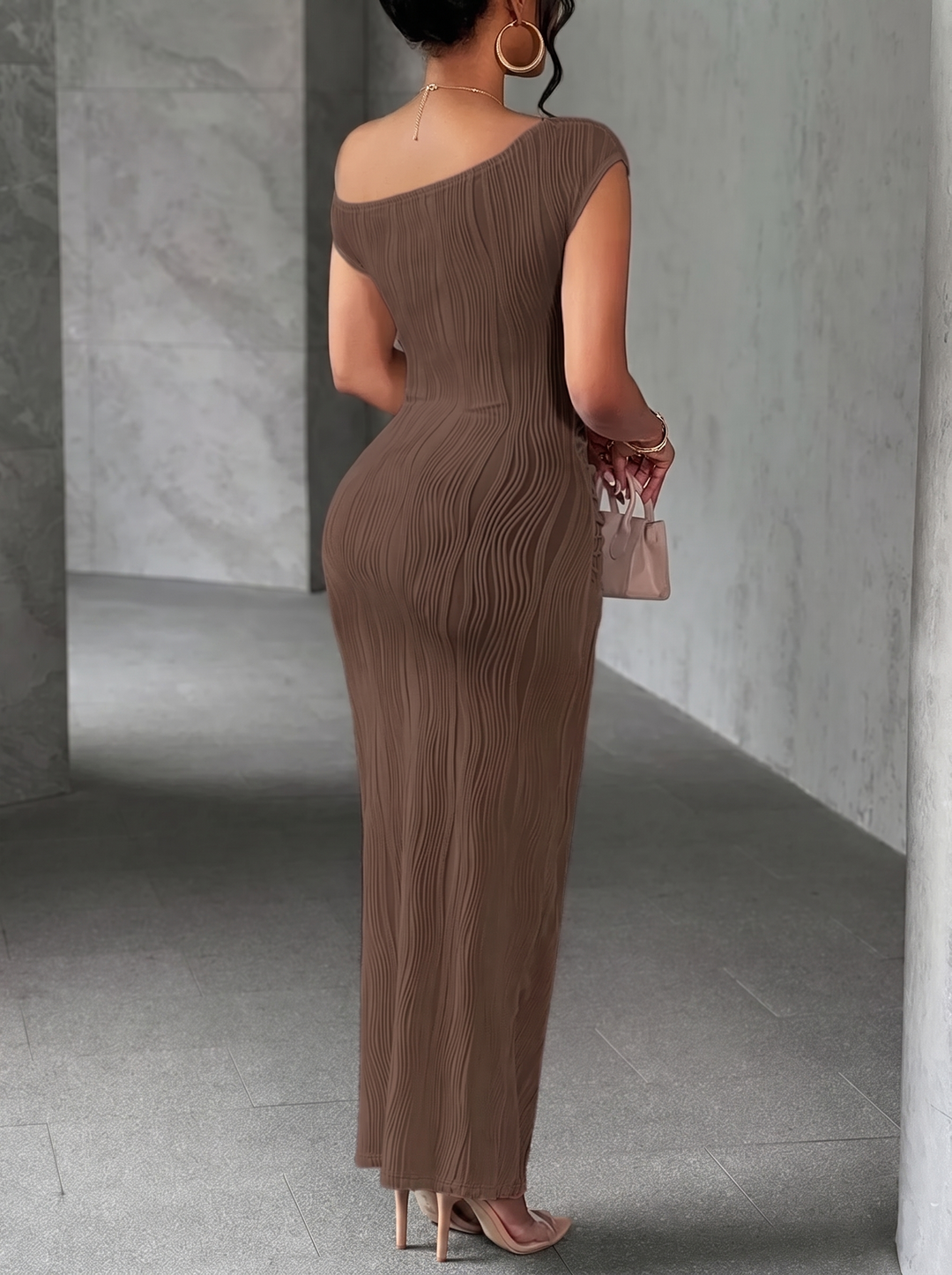 Textured Single Shoulder Bodycon Maxi Dress