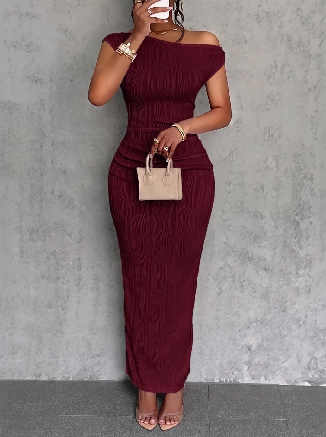 Textured Single Shoulder Bodycon Maxi Dress