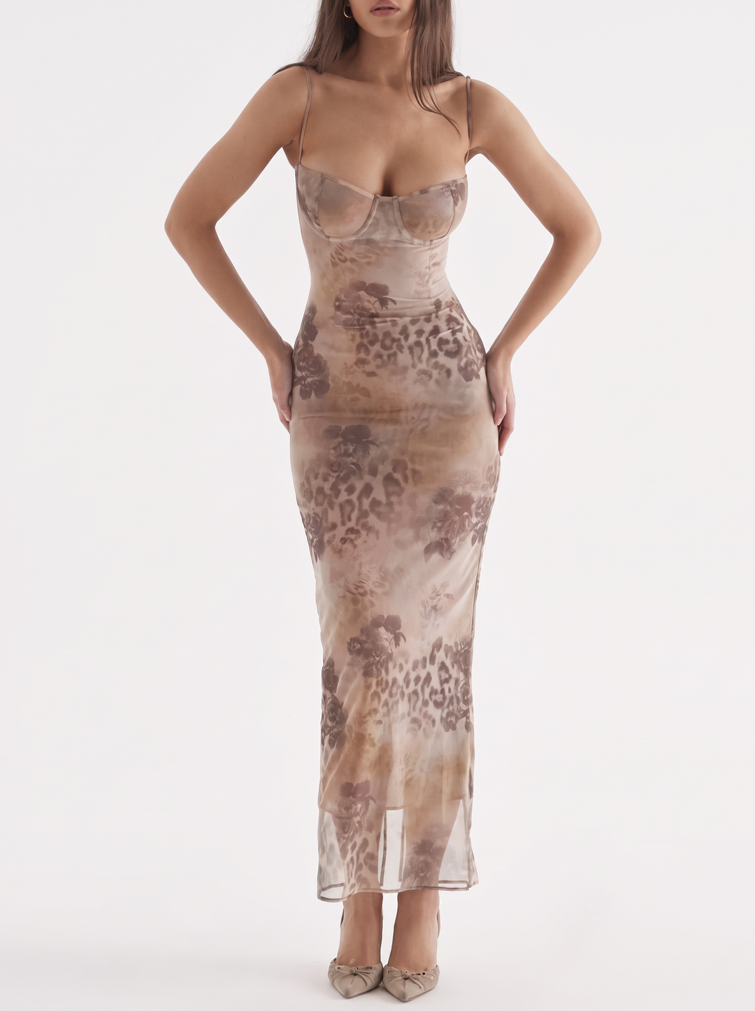 Printed Sweetheart Neck Bodycon Maxi Dress
