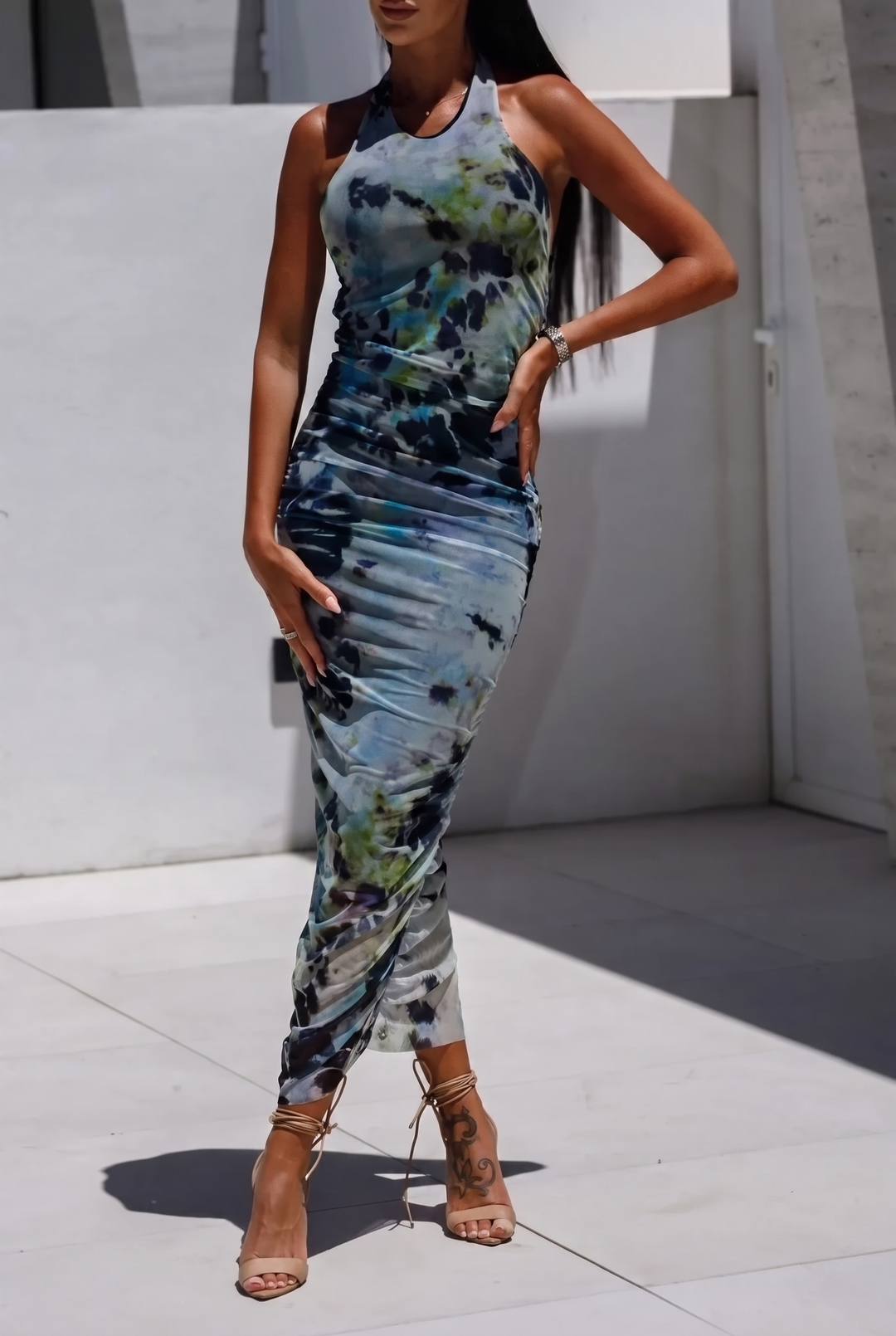 Backless Printed Halter Neck Dress
