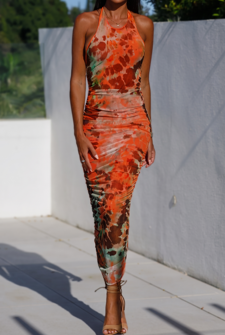 Backless Printed Halter Neck Dress